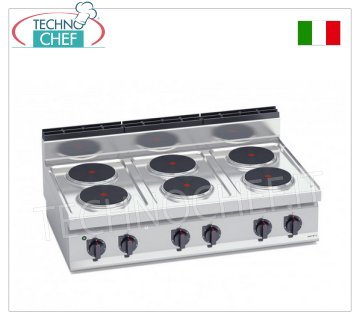 TECHNOCHEF - COCINA ELÉCTRICA 6 PLACAS SUPERIORES, Kw.15,6, Mod.E7P6B ESTUFA ELÉCTRICA 6 PLACAS SUPERIORES, BERTOS, Línea MACROS 700, Serie HIGH POWER, con 6 Placas REDONDAS Ø 220 mm, MANDOS INDEPENDIENTES, 6 niveles de potencia, V.400/3+N, Kw.15,6 Peso 58 Kg, dim .mm. 1200x700x290h