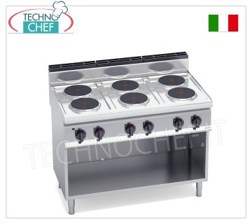 TECHNOCHEF - COCINA ELÉCTRICA DE 6 PLACAS sobre MUEBLE ABIERTO, 15,6 Kw, Mod. E7P6M ESTUFA ELÉCTRICA 6 PLACAS sobre MUEBLE ABIERTO, BERTOS, línea MACROS 700, Serie HIGH POWER, con 6 placas REDONDAS Ø 220 mm, MANDOS INDEPENDIENTES, 6 niveles de potencia, V.400/3+N, Kw.15,6 Peso 83 Kg, dim. mm.1200x700x900h