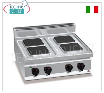 TECHNOCHEF - COCINA ELÉCTRICA 4 PLACAS SUPERIORES, Kw.10,4, Mod.E7PQ4B COCINA ELÉCTRICA DE 4 PLACAS SUPERIORES, BERTOS, línea MACROS 700, serie HIGH POWER, con 4 placas CUADRADAS de 220x220 mm, MANDOS INDEPENDIENTES, 6 niveles de potencia, V.400/3+N, Kw.10,4, Peso 49 Kg, dim. mm.800x700x290h