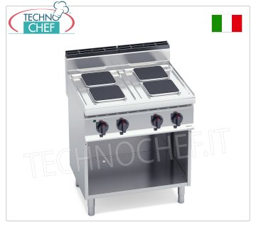 TECHNOCHEF - ESTUFA ELÉCTRICA DE 4 PLACAS sobre MUEBLE ABIERTO, 10,4 Kw, Mod. E7PQ4M ESTUFA ELÉCTRICA 4 PLACAS sobre MUEBLE ABIERTO, BERTOS, Línea MACROS 700, Serie HIGH POWER, con 4 placas CUADRADAS de 220x220 mm, MANDOS INDEPENDIENTES, 6 niveles de potencia, V.400/3+N, Kw.10,4, Peso 67 Kg, dim .mm.800x700x900h