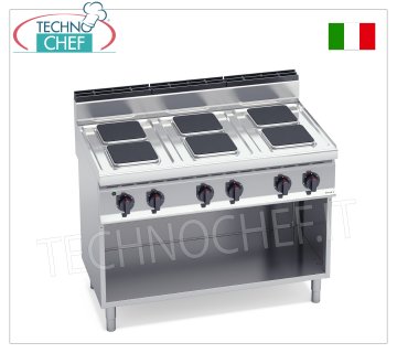 TECHNOCHEF - COCINA ELÉCTRICA DE 6 PLACAS sobre MUEBLE ABIERTO, 15,6 Kw, Mod. E7PQ6M ESTUFA ELÉCTRICA 6 PLACAS sobre MUEBLE ABIERTO, BERTOS, Línea MACROS 700, Serie HIGH POWER, con 6 placas CUADRADAS de 220x220 mm, MANDOS INDEPENDIENTES, 6 niveles de potencia, V.400/3+N, Kw.15,6 Peso 95 Kg, dim. mm.1200x700x900h