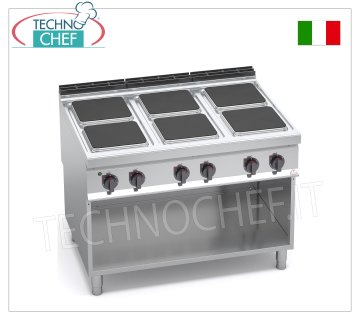 TECHNOCHEF - COCINA ELÉCTRICA DE 6 PLACAS sobre MUEBLE ABIERTO, mod. E9PQ6M ESTUFA ELÉCTRICA 6 PLACAS sobre MUEBLE ABIERTO, Línea BERTOS MAXIMA 900, Serie HIGH POWER, con 6 placas CUADRADAS de 300x300 mm, MANDOS INDEPENDIENTES, 6 niveles de potencia, V.400/3+N, Kw 21,00, Peso 136 Kg, dim.mm .1200x900x900h