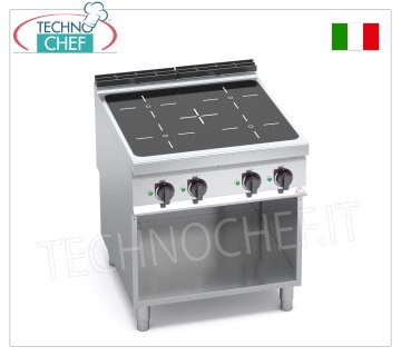 TECHNOCHEF - COCINA ELÉCTRICA DE INDUCCIÓN DE 4 ZONAS sobre MUEBLE ABIERTO, mod. E9P4M/IND COCINA ELÉCTRICA DE INDUCCIÓN DE 4 ZONAS sobre MUEBLE ABIERTO, Línea BERTOS MAXIMA 900, Serie POWER INDUCTION, con 4 ZONAS CUADRADAS de 270x270 mm, MANDOS INDEPENDIENTES, 9 niveles de potencia, V.400/3+N, Kw.20,00, Peso 85 Kg, dim.mm.800x900x900h