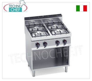 TECHNOCHEF - ESTUFA A GAS 4 FUEGOS sobre ARMARIO ABIERTO, Kw.21,5, Mod.G7F4MPW ESTUFA A GAS 4 QUEMADORES sobre ARMARIO ABIERTO, BERTO'S, Línea MACROS 700, Serie ECO POWER, Potencia térmica Kw.21,5, Peso 52 Kg, dim.mm.800x700x900h