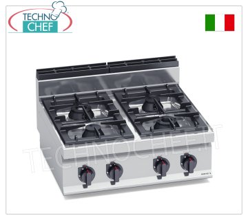 TECHNOCHEF - ESTUFA A GAS 4 QUEMADORES TOP, Kw.21, Mod.G7F4B ESTUFA A GAS 4 QUEMADORES TOP, BERTO'S, línea MACROS 700, serie HIGH POWER, potencia térmica Kw.21,00, Peso 51 Kg, dim.mm.400x700x290h