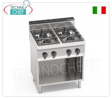 TECHNOCHEF - ESTUFA A GAS 4 QUEMADORES sobre MUEBLE ABIERTO, Kw.21,00, Mod.G7F4M ESTUFA A GAS 4 QUEMADORES sobre ARMARIO ABIERTO, BERTO'S, Línea MACROS 700, Serie HIGH POWER, Potencia térmica Kw.21,00, Peso 65 Kg, dim.mm.800x700x900h