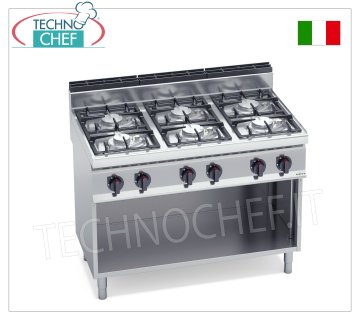 TECHNOCHEF - ESTUFA A GAS 6 QUEMADORES sobre MUEBLE ABIERTO, Kw.33,5, Mod.G7F6MPW ESTUFA A GAS 6 QUEMADORES sobre MUEBLE ABIERTO, BERTO'S, Línea MACROS 700, Serie ECO POWER, Potencia térmica Kw.33,5, Peso 90 Kg, dim.mm.1200x700x900h