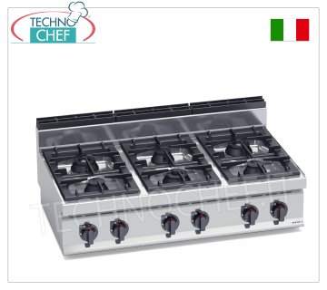 TECHNOCHEF - ESTUFA A GAS 6 QUEMADORES TOP, Kw.31,5, Mod.G7F6B ESTUFA A GAS 6 QUEMADORES TOP, BERTO'S, línea MACROS 700, serie HIGH POWER, potencia térmica Kw.31,5, Peso 67 Kg, dim.mm.1200x700x290h