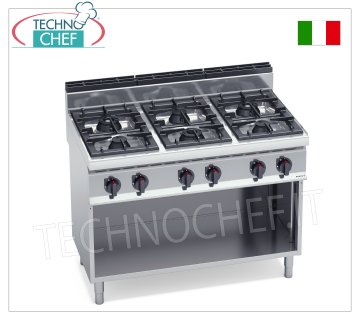 TECHNOCHEF - ESTUFA A GAS 6 QUEMADORES sobre MUEBLE ABIERTO, Kw.31,5, Mod.G7F6M ESTUFA A GAS 6 QUEMADORES sobre ARMARIO ABIERTO, BERTO'S, Línea MACROS 700, Serie HIGH POWER, Potencia térmica Kw.31,5, Peso 78 Kg, dim.mm.1200x700x900h