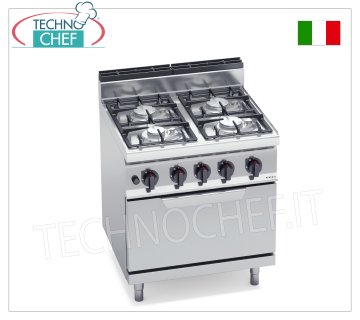 TECHNOCHEF - COCINA A GAS 4 QUEMADORES sobre HORNO A GAS GN 2/1, Kw.29,3, Mod.G7F4PW+FG COCINA A GAS 4 QUEMADORES sobre HORNO A GAS GN 2/1, BERTO'S, línea MACROS 700, serie ECO POWER, potencia calorífica total. Kw 29,3, Peso 80 Kg, dim.mm.800x700x900h