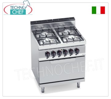 TECHNOCHEF - COCINA A GAS 4 QUEMADORES sobre HORNO ELÉCTRICO GN 2/1, Kw.21,5+7,5, Mod.G7F4PW+FE