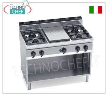 TECHNOCHEF - COCINA COMBINADA con ENCIMERA y 4 QUEMADORES sobre MUEBLE ABIERTO, Kw.28,00, Mod.G7T4P4FM COCINA COMBINADA con ENCIMERA DE GAS y 4 QUEMADORES sobre MUEBLE ABIERTO, BERTOS, Línea MACROS 700, Serie HIGH POWER, potencia térmica 28,00 kW, peso 110 Kg, dim.mm.1200x700x900h