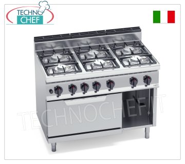 TECHNOCHEF - COCINA A GAS 6 QUEMADORES sobre HORNO A GAS GN 2/1, Kw.41,3, Mod.G7F6PW+FG ESTUFA A GAS 6 QUEMADORES sobre HORNO A GAS GN 2/1, BERTO'S, línea MACROS 700, serie ECO POWER, potencia calorífica total. Kw 41,3, Peso 112 Kg, dim.mm.1200x700x900h