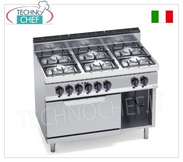 TECHNOCHEF - COCINA A GAS 6 QUEMADORES sobre HORNO ELÉCTRICO GN 2/1, Kw.33,5+7,5, Mod.G7F6PW+FE
