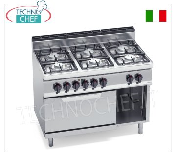 TECHNOCHEF - COCINA A GAS 6 QUEMADORES sobre HORNO ELÉCTRICO GN 2/1, Kw.33,5+7,5, Mod.G7F6PW+FE COCINA DE GAS 6 QUEMADORES sobre HORNO ELÉCTRICO GN 2/1, BERTO'S, línea MACROS 700, serie ECO POWER, potencia térmica Kw.33,5 + potencia eléctrica Kw 7,5, Peso 112 Kg, dim.mm.1200x700x900h