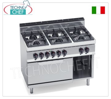 TECHNOCHEF - COCINA A GAS 6 QUEMADORES sobre HORNO ELÉCTRICO GN 2/1, Kw.31,5+7,5, Mod.G7F6+FE COCINA DE GAS 6 QUEMADORES sobre HORNO ELÉCTRICO GN 2/1, línea BERTOS, MACROS 700, serie HIGH POWER, potencia térmica 31,5 kW + potencia eléctrica 7,5 kW, peso 126 kg, dim.mm.1200x700x900h