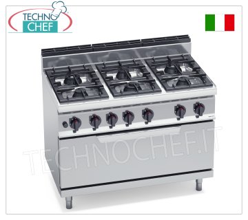 TECHNOCHEF - COCINA A GAS 6 QUEMADORES sobre HORNO A GAS, Kw.43,5, Mod.G7F6+T