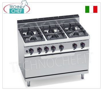 TECHNOCHEF - COCINA A GAS 6 QUEMADORES sobre HORNO A GAS, Kw.43,5, Mod.G7F6+T COCINA A GAS 6 QUEMADORES sobre HORNO A GAS, línea BERTOS, MACROS 700, serie HIGH POWER, potencia calorífica total. Kw 43,5, Peso 140 Kg, dim.mm.1200x700x900h