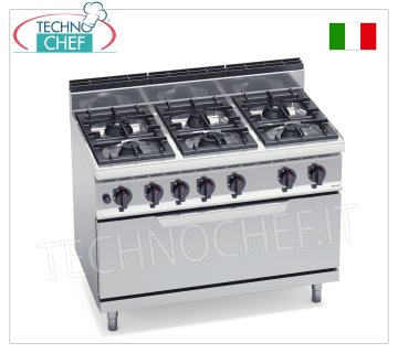 TECHNOCHEF - COCINA A GAS 6 QUEMADORES sobre HORNO A GAS, Kw.54, Mod.G7F6P+T