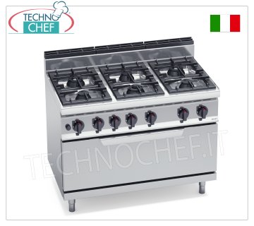 TECHNOCHEF - COCINA A GAS 6 QUEMADORES sobre HORNO A GAS, Kw.54, Mod.G7F6P+T ESTUFA A GAS 6 QUEMADORES sobre HORNO A GAS, línea BERTOS, MACROS 700, serie MAX POWER, potencia calorífica total. Kw 54,00, Peso 140 Kg, dim.mm.1200x700x900h