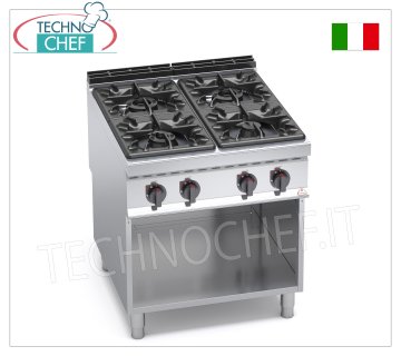 TECHNOCHEF - COCINA DE GAS 4 FUEGOS sobre MUEBLE ABIERTO, mod. G9F4M ESTUFA A GAS 4 QUEMADORES sobre ARMARIO ABIERTO, línea BERTOS MAXIMA 900, Serie HIGH POWER, Potencia térmica Kw.34,5, Peso 104 Kg, dim.mm.800x900x900h