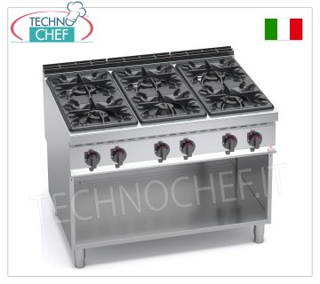 TECHNOCHEF - COCINA DE GAS 6 FUEGOS sobre MUEBLE ABIERTO, mod. G9F6M ESTUFA A GAS 6 QUEMADORES sobre ARMARIO ABIERTO, Línea BERTOS MAXIMA 900, Serie HIGH POWER, Potencia térmica Kw.53,5, Peso 140 Kg, dim.mm.1200x900x900h