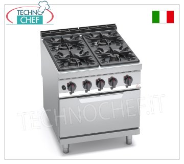 TECHNOCHEF - COCINA A GAS 4 FUEGOS sobre HORNO A GAS GN 2/1, mod. G9F4+FG COCINA A GAS 4 QUEMADORES sobre HORNO A GAS GN 2/1, línea BERTOS MAXIMA 900, serie ALTA POTENCIA, potencia calorífica total. Kw.42,3, Peso 149 Kg, dim.mm.800x900x900h