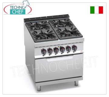 TECHNOCHEF - COCINA DE GAS 4 FUEGOS sobre HORNO ELÉCTRICO GN 2/1, mod. G9F4+FE COCINA A GAS 4 QUEMADORES sobre HORNO ELÉCTRICO GN 2/1, línea BERTOS MAXIMA 900, serie HIGH POWER, potencia térmica 34,5 kW + 7,5 kW, peso 158 Kg, dim.mm.800x900x900h