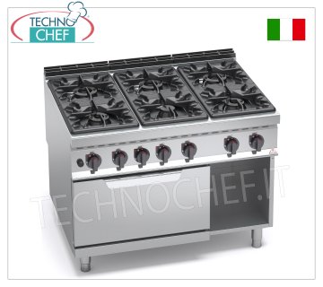 TECHNOCHEF - COCINA A GAS 6 QUEMADORES sobre HORNO A GAS GN 2/1, mod. G9F6+FG ESTUFA A GAS 6 QUEMADORES sobre HORNO A GAS GN 2/1, línea MAXIMA 900, serie ALTA POTENCIA, potencia calorífica total. Kw.61,3, Peso 202 Kg, dim.mm.1200x900x900h