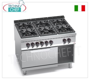 TECHNOCHEF - COCINA A GAS 6 QUEMADORES sobre HORNO ELÉCTRICO GN 2/1, Kw.53,5+7,5, mod. G9F6+FE COCINA DE GAS 6 QUEMADORES sobre HORNO ELÉCTRICO GN 2/1, línea BERTOS MAXIMA 900, serie HIGH POWER, potencia térmica 53,5 kW + 7,5 kW, peso 210 kg, dim.mm.1200x900x900h