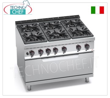 TECHNOCHEF - COCINA A GAS 6 QUEMADORES sobre HORNO A GAS, mod. G9F6+T ESTUFA A GAS 6 QUEMADORES sobre HORNO A GAS, línea BERTOS MAXIMA 900, serie ALTA POTENCIA, potencia calorífica total. Kw.65,5, Peso 226 Kg, dim.mm.1200x900x900h