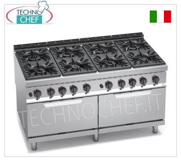 TECHNOCHEF - COCINA A GAS 8 QUEMADORES con 2 HORNOS A GAS GN 2/1, mod. G9F8+2FG COCINA A GAS 8 QUEMADORES sobre 2 HORNOS A GAS GN 2/1, línea BERTOS MAXIMA 900, serie HIGH POWER, potencia calorífica total. Kw.84,6, Peso 260 Kg, dim.mm.1600x900x900h