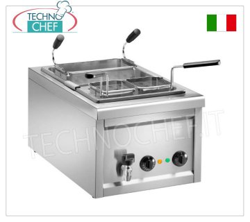 COCEPASTA ELÉCTRICO DE ENCIMERA en ACERO INOXIDABLE Cocedor de pasta eléctrico de encimera en acero inoxidable, completo con 1 cestillo de 275x150x200h mm + 2 cestos de 125x125x200h mm, termostato de 0° a 110°C, V.230/1, Kw.3,2, Peso 15 Kg, dim.mm .400x700x340h