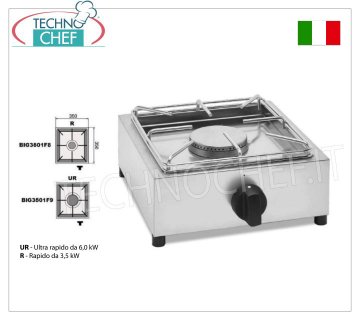 Technochef - Estufa de gas profesional de mesa, 1 fuego ESTUFA DE GAS DE MESA con 1 QUEMADOR PROFESIONAL DE ACERO INOXIDABLE a gas universal, con 1 QUEMADOR RÁPIDO de 3,5 kw, peso 5,9 kg, dimensiones 350x350x170h mm