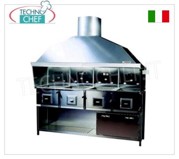 ROMAGNA GRILL - Parrilla/cocina de carbón Romaña con 4 braseros Parrilla de carbón Romaña con 4 braseros, completa de campana extractora con correspondiente motor, soporte de base de acero inoxidable y jaula de madera, V. 380/3, Kw.0,55, Peso 230 Kg, dim.mm.2150x850x2410h.