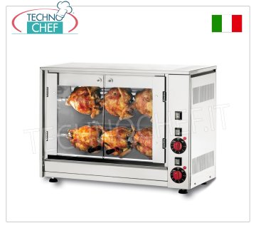 ASADOR ELÉCTRICO de 2 VARILLAS superpuestas para 6 POLLOS ASADOR ELÉCTRICO de sobremesa de ACERO INOXIDABLE con 2 VARILLAS simples superpuestas de movimiento para 6 POLLOS, equipado con luz interna de 550 mm de largo, peso 31 kg, V.230/1. 2,8 kw, dimensiones 700x360x450h mm