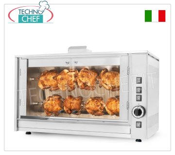 ASADORA A GAS con 2 VARILLAS superpuestas para 8 POLLOS Encimera ROTISSERIE A GAS en ACERO INOXIDABLE con 2 SUBASTAS simples superpuestas para 8 POLLOS, equipada con luz interna 720 mm de largo, peso 55 kg, dimensiones 880x430x530h mm