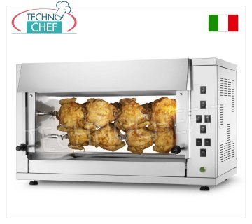 ASADOR ELÉCTRICO con 3 VARILLAS superpuestas para 12 POLLOS Encimera ROTISSERIE ELÉCTRICA en ACERO INOXIDABLE con 3 SUBASTAS simples superpuestas para 12 POLLOS, equipada con luz interna 720 mm de largo, peso 48 kg, V.230 / 1, kw 5.0, dimensiones 880x430x710h mm