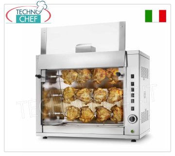 ASADOR A GAS con 3 VARILLAS superpuestas para 12 POLLOS Encimera ROTISSERIE A GAS en ACERO INOXIDABLE con 3 SUBASTAS simples superpuestas para 12 POLLOS, equipada con luz interna 720 mm de largo, peso 67 kg, dimensiones 900x510x780h mm