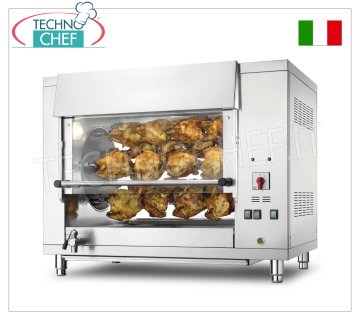 ASADOR PLANETARIO ELÉCTRICO de 5 VARILLAS para 20 POLLOS, ASADOR PLANETARIO ELÉCTRICO de encimera en ACERO INOXIDABLE de 5 VARILLAS para 20 POLLOS, equipado con luz interna de 708 mm de largo, peso 108 kg, V.400/3+N. 7,3 kw, dimensiones 1008x660x790h mm