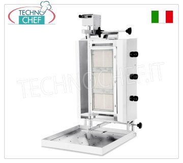 GYROS A GAS con 3 fuegos independientes, barra de cocción de 550 mm de altura completa con placa GYROS DE GAS DE ACERO INOXIDABLE con 3 quemadores independientes, varilla de cocción de 550 mm de altura completa con placa (suministrada), V.230/1, potencia térmica 10,2 kw, potencia eléctrica 0,025 kw, dimensiones 600x702x1020h mm