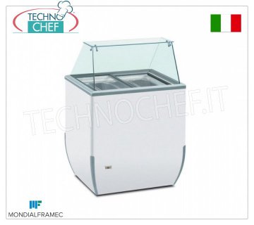 MONDIAL FRAMEC - Vitrina para helado de crema, 170 lt, Mod.BRIOICE4SK Vitrina para helado de crema, MONDIAL FRAMEC, capacidad 170 litros, temperatura -18°/-25°C, estática con evaporador envuelto en el tanque, V. 230/1, Kw 0,15, Peso 47 Kg, dim.mm.780x640x1181h