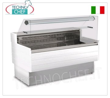 Mostrador Frigorífico Expositor KIBUK, VIDRIO RECTO 150 cm de largo, con reserva y grupo frigorífico MOSTRADOR EXPOSITOR REFRIGERADO con CRISTAL RECTO, Temperatura +3°/+5°C, LARGO 1540 mm, con ILUMINACIÓN, RESERVA REFRIGERADA y GRUPO FRIGORÍFICO, V.230/1, Kw.0,663, Peso 150 Kg, dimensiones 1540x900x1245h mm