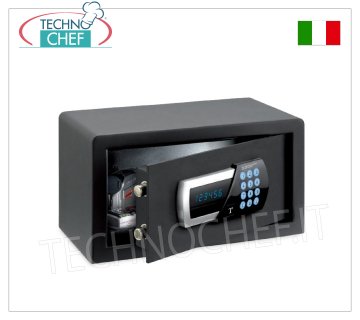 cajas fuertes para habitaciones de hotel Caja fuerte para mueble, con cerradura eléctrica digital motorizada, señalización de todas las funciones mediante display LED azul, capacidad 10 litros, peso 9 kg, dim.mm.200x350x200h