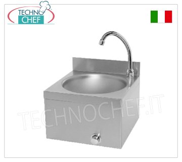 Lavabo con accionamiento de rodilla, grifo temporizado, color oscuro. Dimensiones: 310 x 300 x 260 cm.