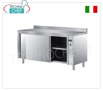 TECHNOCHEF - Mesa vitrina caliente en acero inoxidable 304, con puertas correderas y alero, 60 cm de fondo