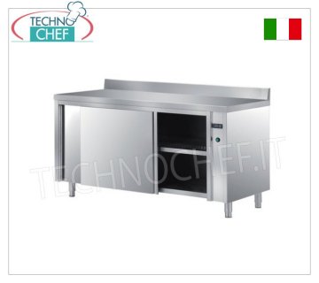 TECHNOCHEF - Mesa caliente con altillo en acero inoxidable AISI 304, Puertas correderas, Profundidad cm. 70