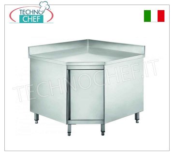 Mesa rinconera de acero inoxidable con puerta batiente y salpicadero, Linea 600