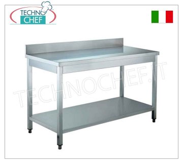 Mesas de acero inoxidable, con patas, estante inferior y salpicadero, Fondo 70 cm, Alto 85 cm