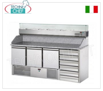 Mostrador refrigerado para pizza, 3 puertas, 6 cajones, expositor de ingredientes, dim.mm.1900x700x1525h